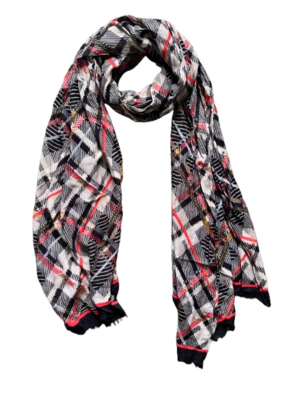 Plaid Oblong Scarf Black Gray Red Tan Fringe Lightweight Wrap Shawl 24x72